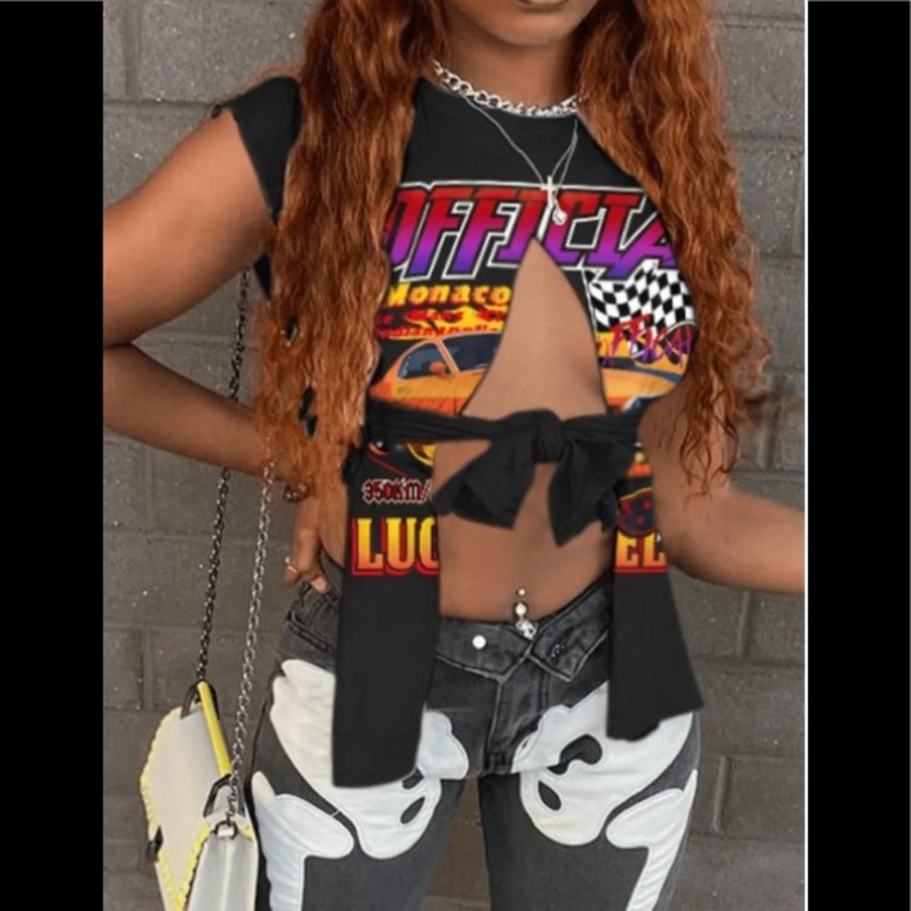 💋Racecar Split Sides Open W/ Front Ties Stretch Cotton Open Back Shirt